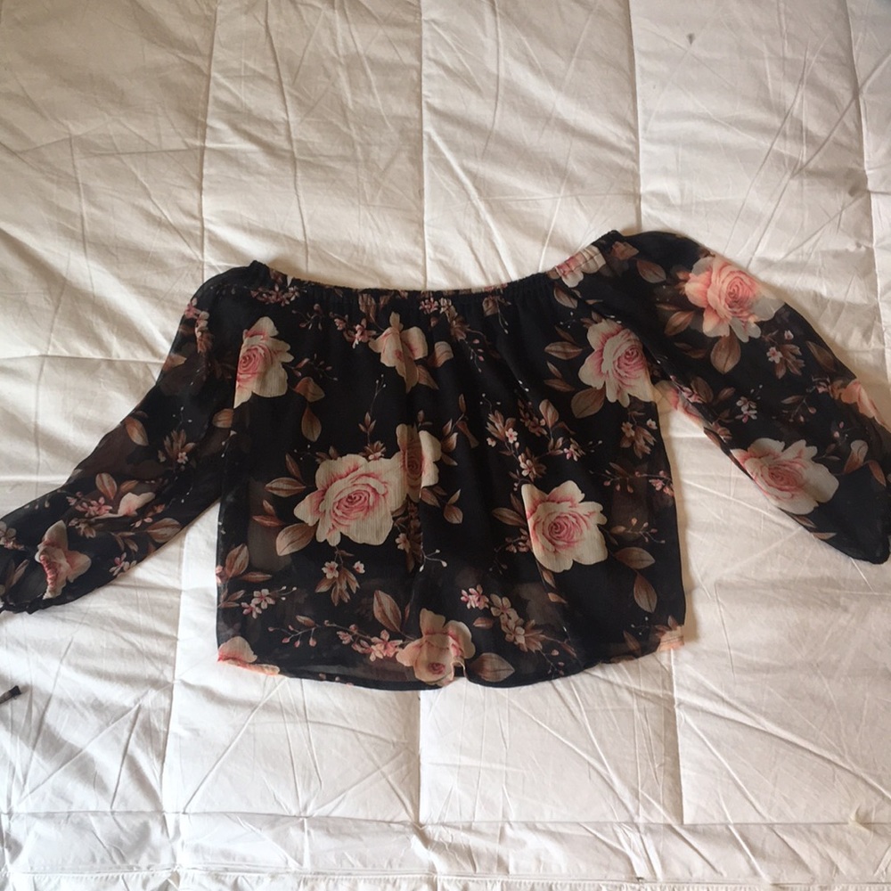 Black floral off the shoulder top.